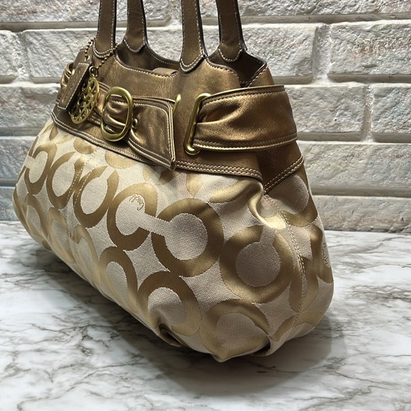 Coach Op Art Canvas Shoulder Bag 13880 Beige Gold Metallic In GUC. - Picture 2 of 14
